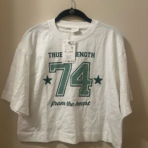 NWT- ZARA-  White Graphic Tee with Green Print. Size: 13/14 years/ Ladies Small